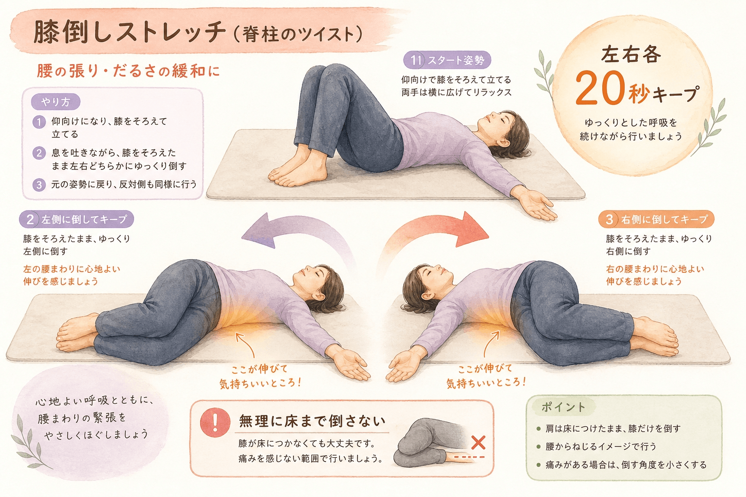 腰痛におすすめの膝倒しストレッチの手順イラスト