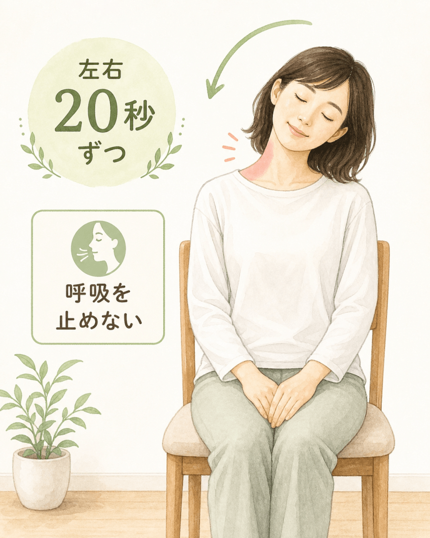 肩こり向けの首の横伸ばしストレッチの図解