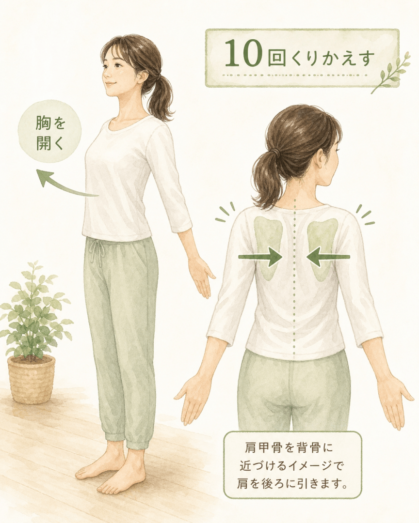 肩こり向けの肩甲骨寄せストレッチの図解