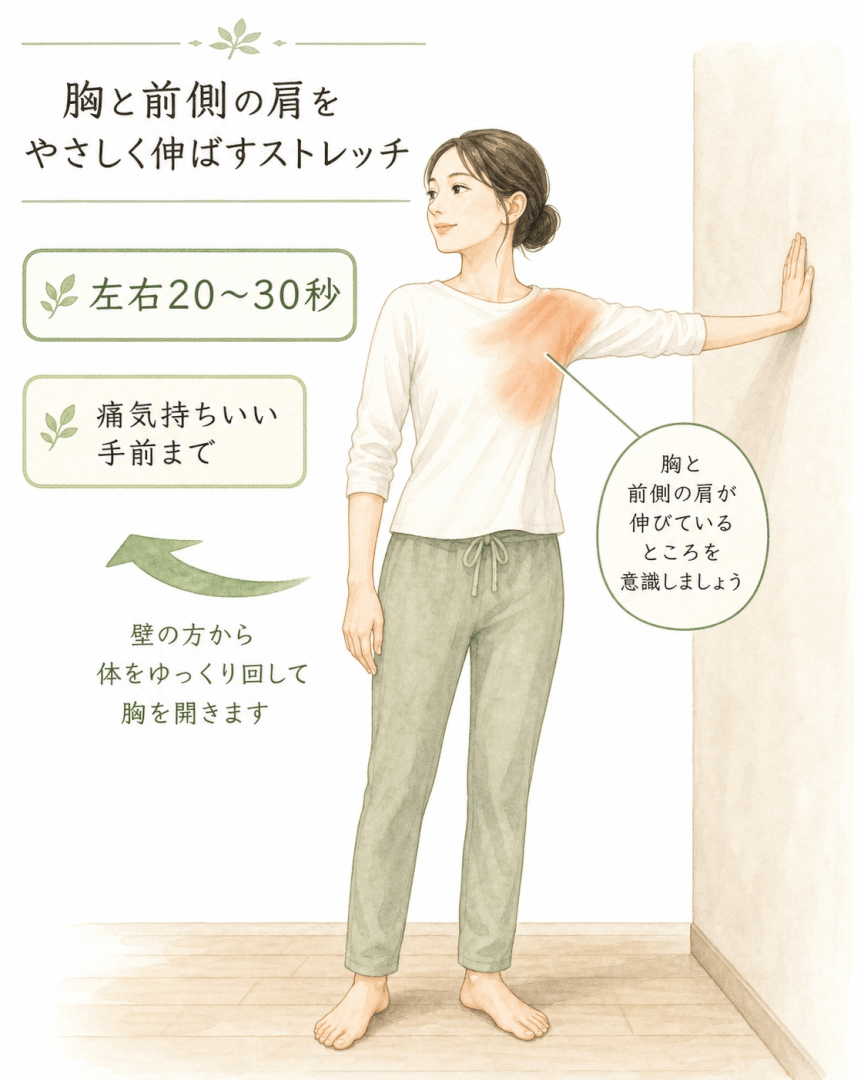 肩こり向けの胸前ストレッチの図解