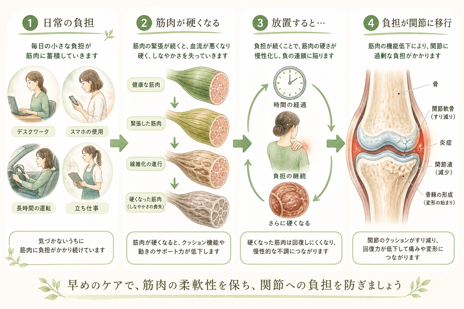 日々の負担で筋肉が硬くなり、放置すると関節へ負担が移っていく流れの図解