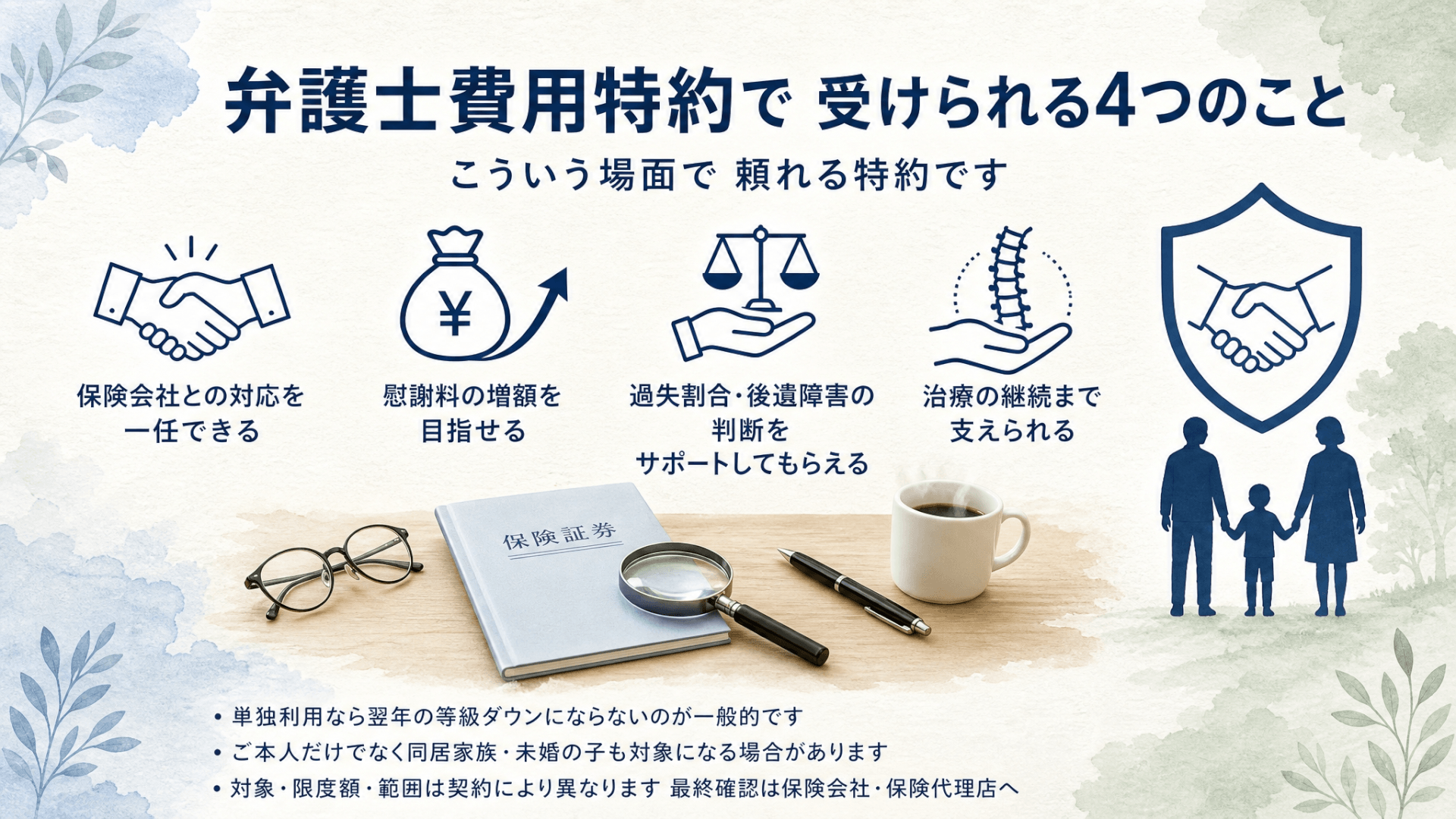 交通事故で弁護士費用特約を確認したい場面と等級への影響をまとめた図解