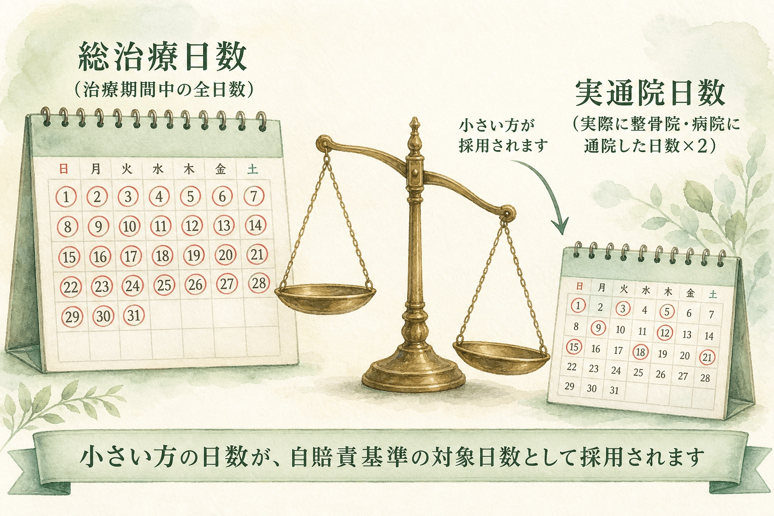 交通事故の通院慰謝料は総治療日数と実通院日数を比べて計算する仕組みを説明した図解