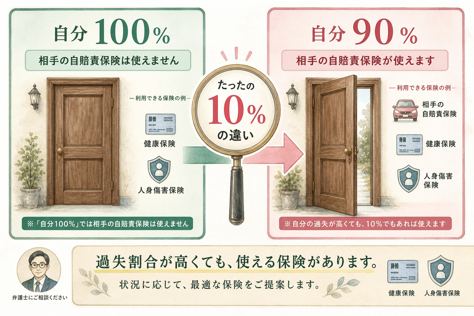 交通事故で過失100パーセントと90パーセントの違いを説明した図解