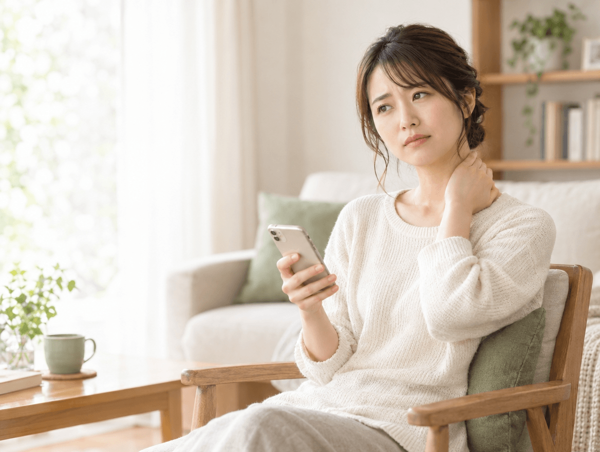 足立区新田の整骨院に行こうか迷いながら肩や腰の痛みを気にしている30代女性