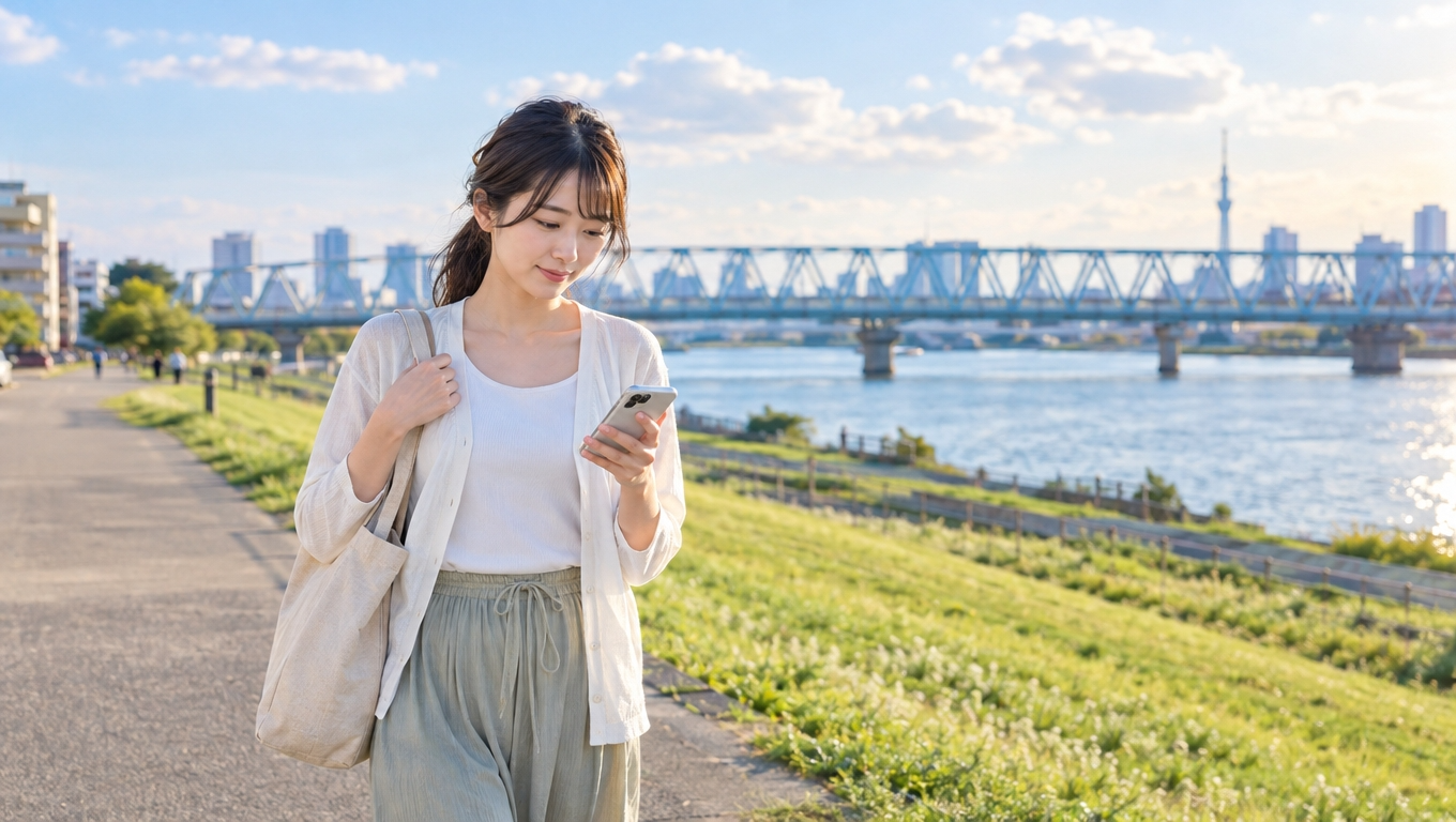 足立区新田の川沿いの道をスマートフォンの地図で道順を確かめながら歩く30代の女性