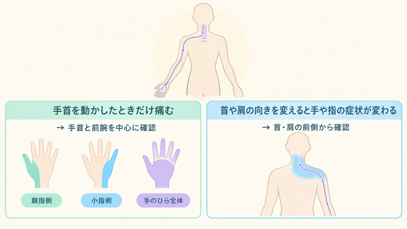 手首由来の痛みと首から腕への神経の通り道に由来する痛みを切り分けて確認する流れを示した図解