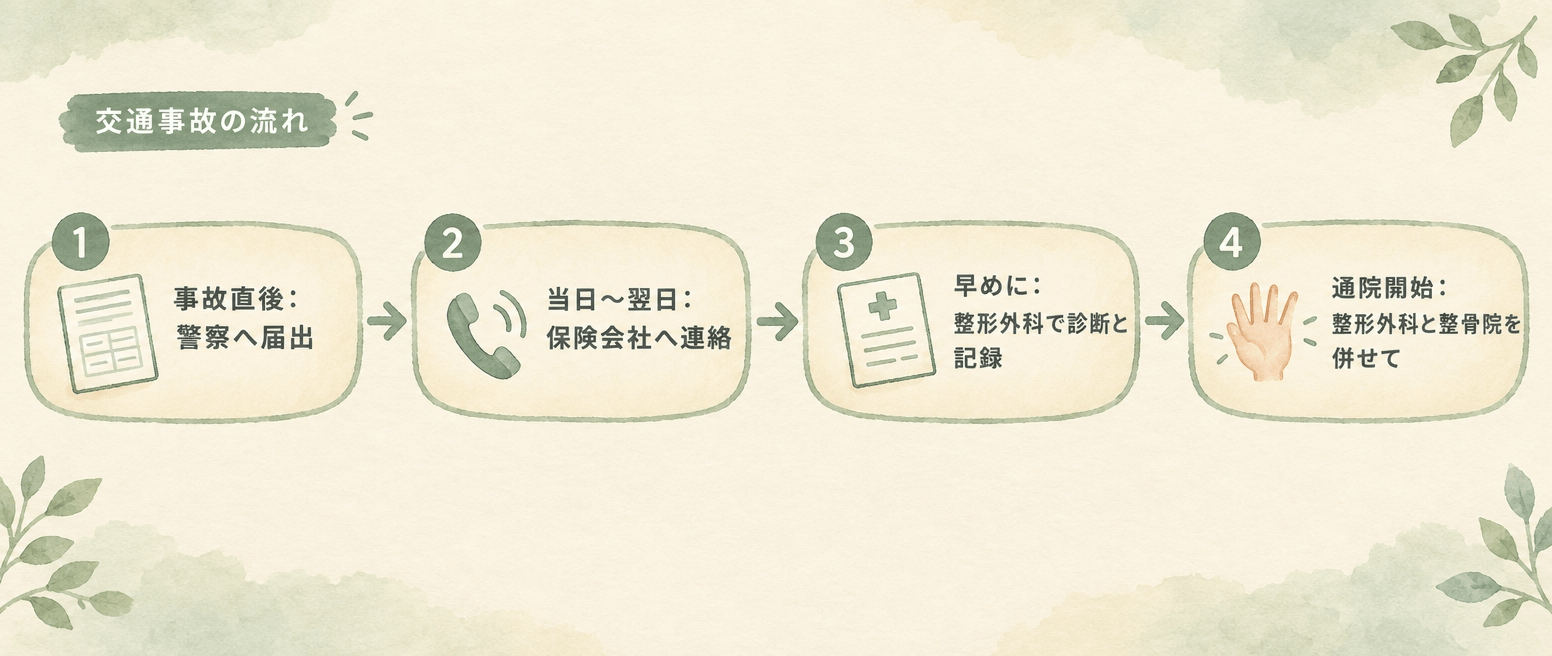 交通事故の届出から保険会社への連絡、整形外科での診断、整骨院での施術開始までの流れを示したタイムライン図解