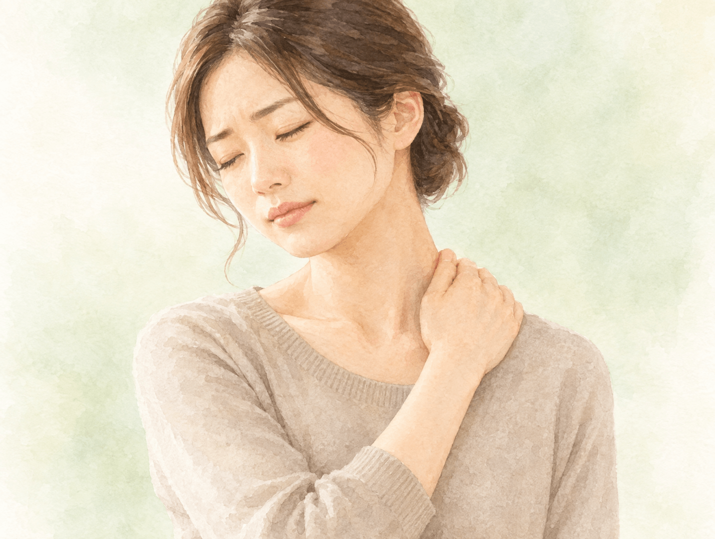 首や肩のこわばりを感じながら、整骨院の設備について調べている30代女性