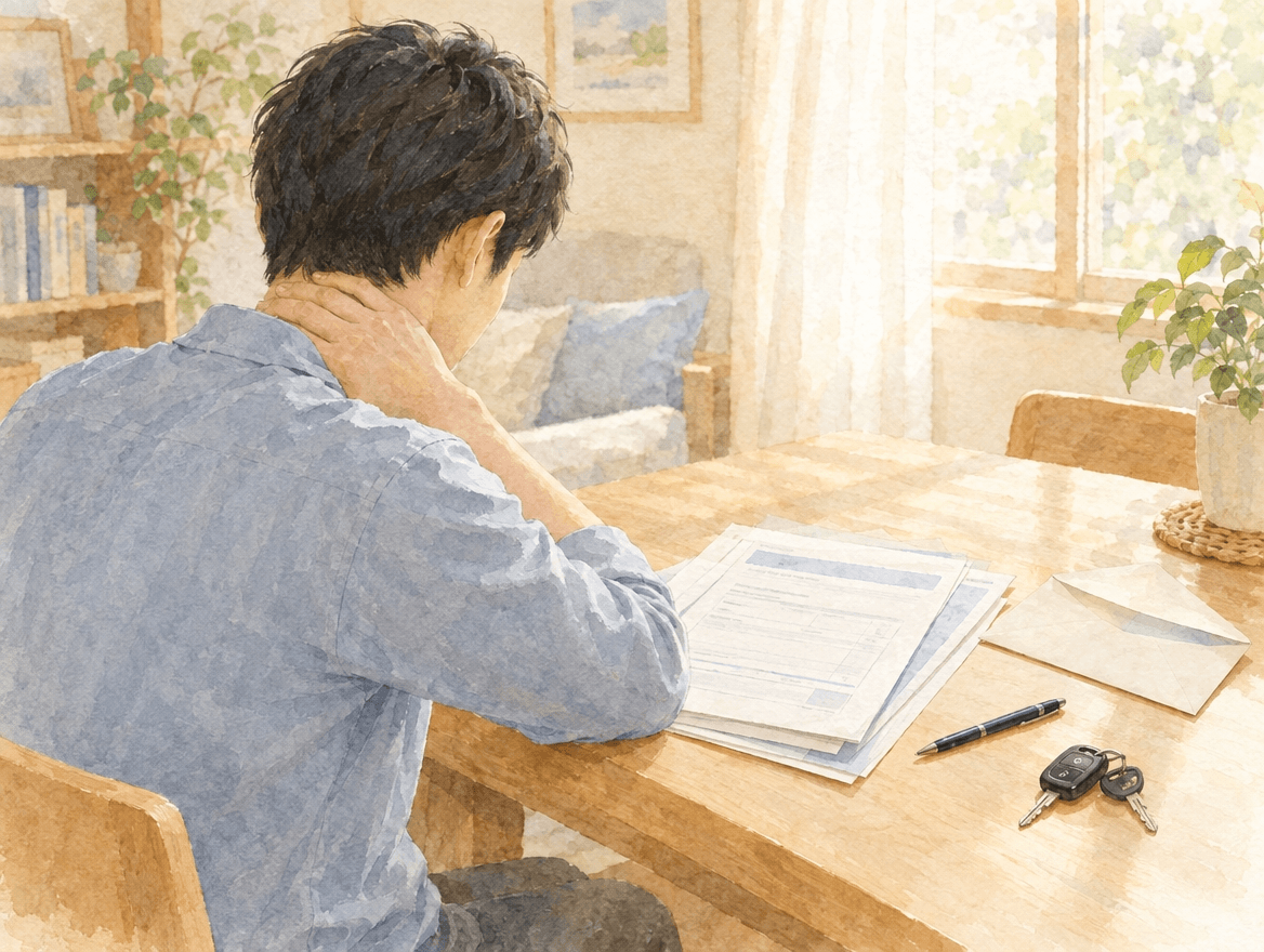 交通事故後の痛みの出方と通院間隔、整形外科・弁護士・補償面の相談をやわらかな水彩タッチで示したイラスト