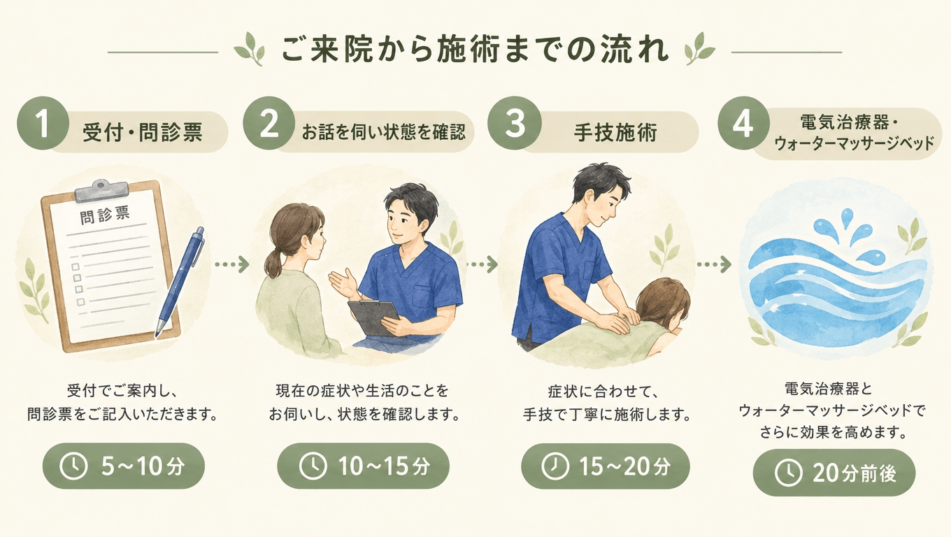 整骨院の受付から問診、手技施術、物療、お会計までの流れを示した図解
