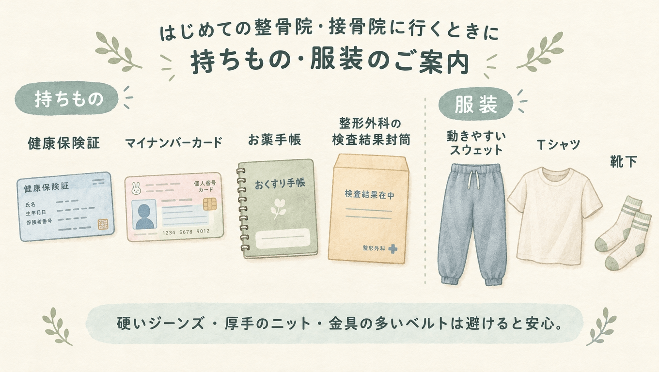 整骨院に初めて行くときの持ち物と動きやすい服装をまとめたイラスト