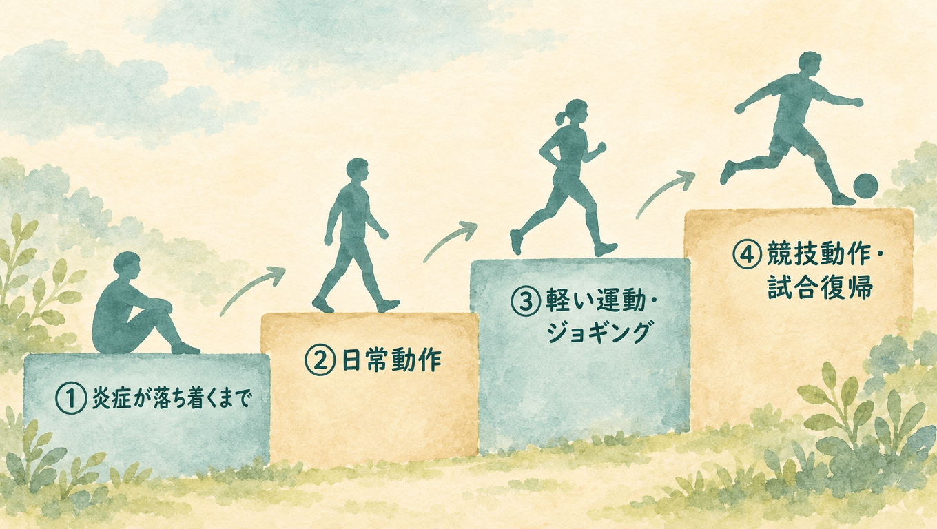 交通事故後に部活動へ復帰するまでの4段階を示した図解