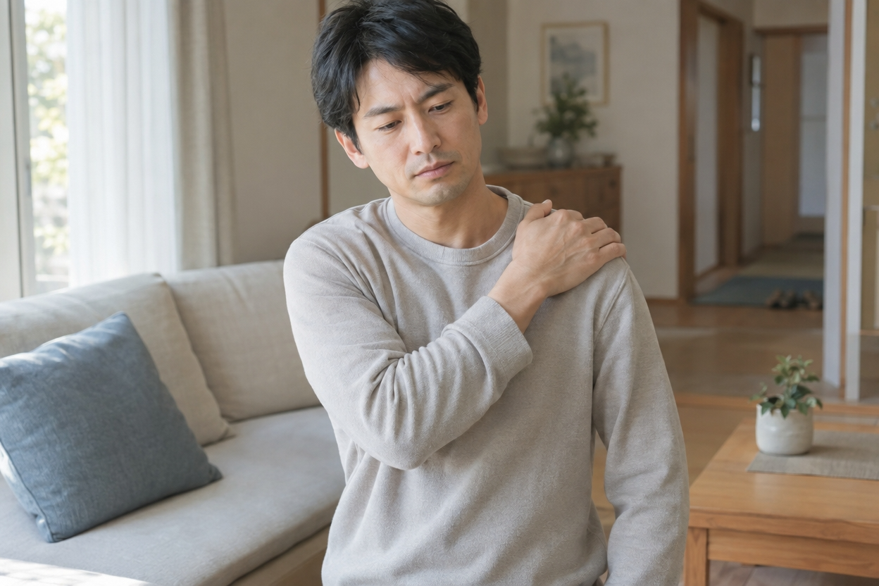 交通事故のあとに肩の痛みが出て腕を上げづらそうにしている30代の男性