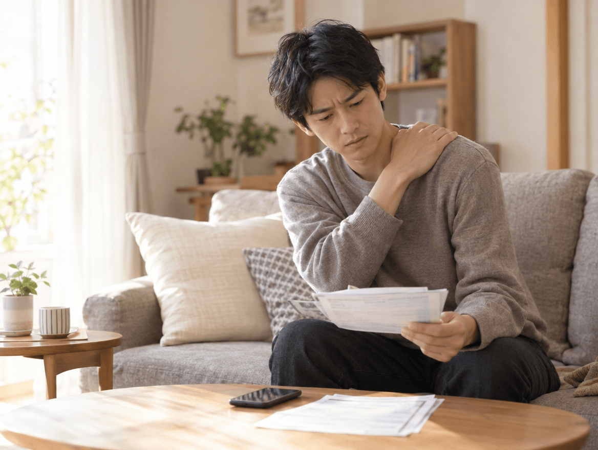 交通事故のあとに首や腰の違和感を感じながら、整形外科への受診や保険会社への連絡に迷う30代の方のイメージ