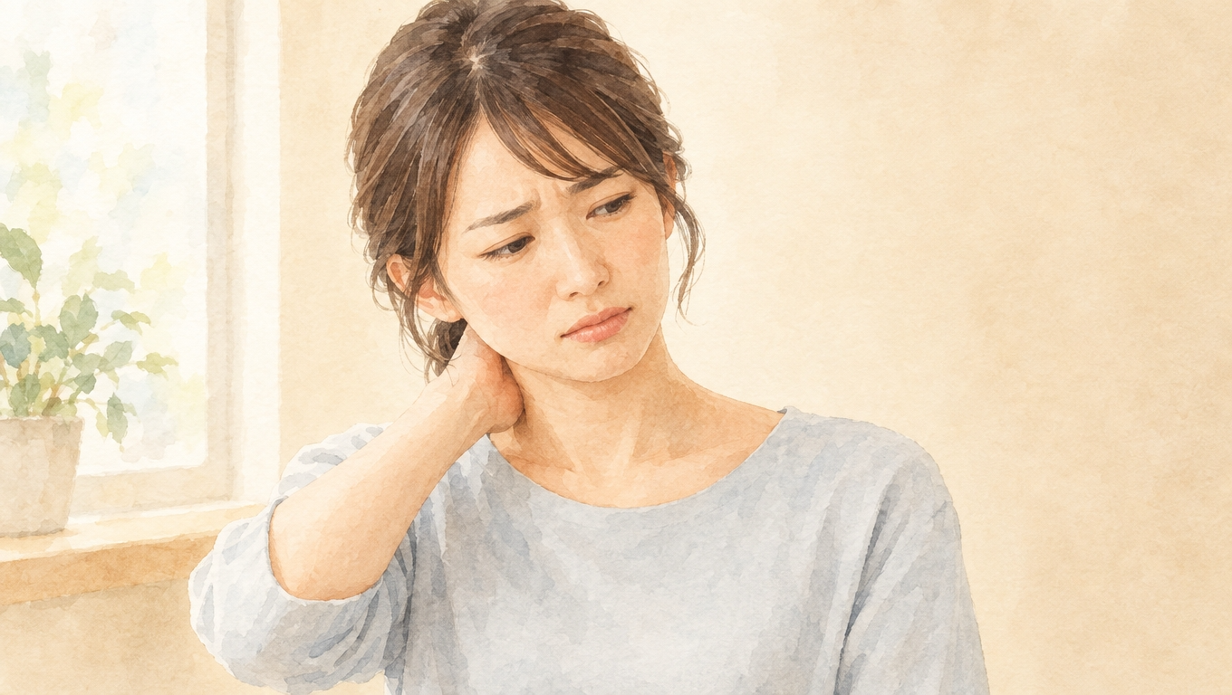 交通事故のあとに首の痛みと回しにくさを感じている30代女性が首の後ろに手を当てている様子