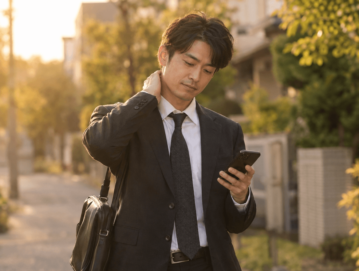 仕事帰りに整骨院の診療時間をスマートフォンで確認する30代男性