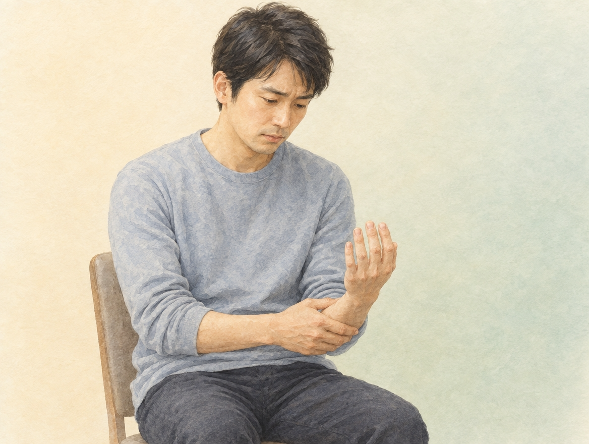 交通事故のあとに残る腕・手のしびれを気にして指先を確かめている30代の方