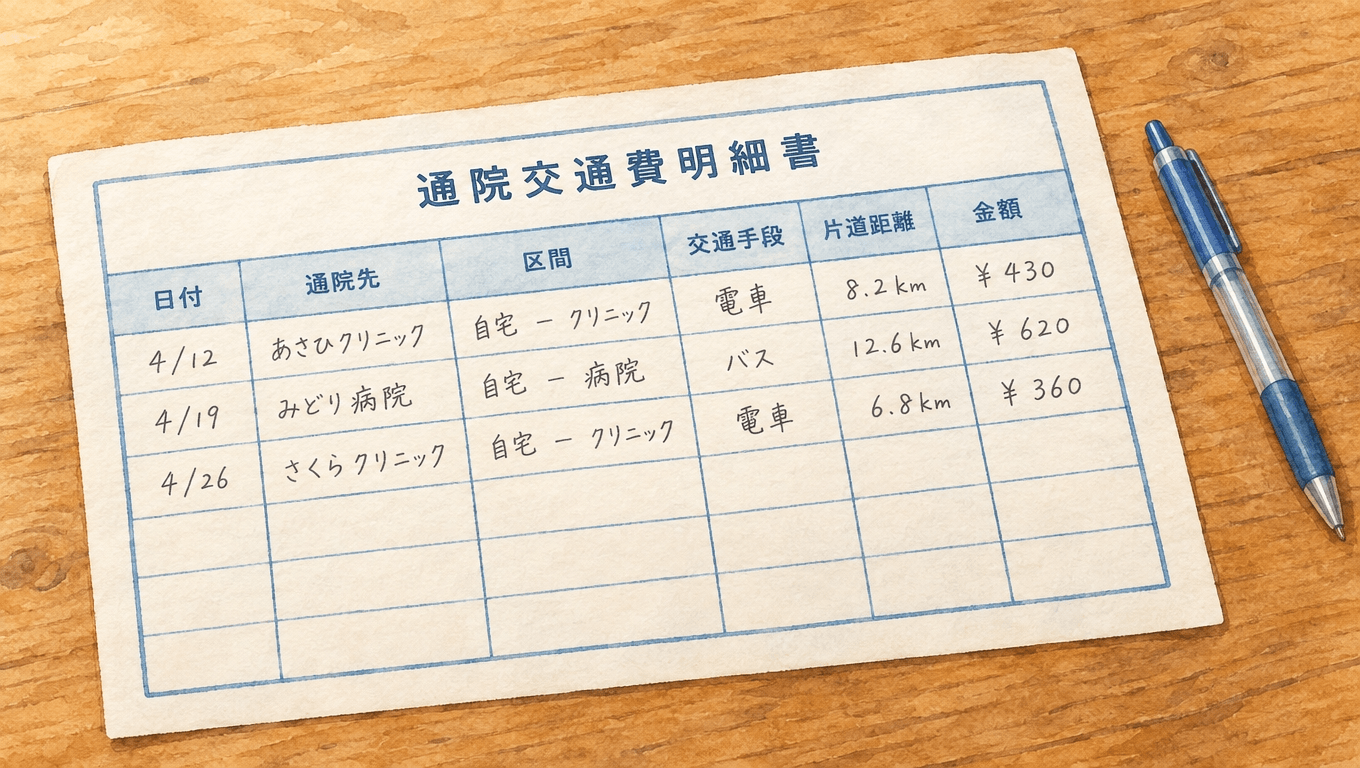 交通事故の通院交通費明細書の記入項目と書き方を示したイメージ図解