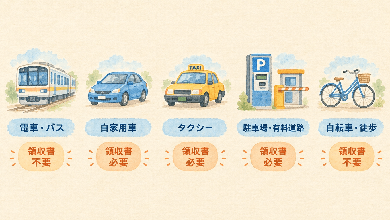 交通事故の通院交通費と領収書の要否を電車・バス、自家用車、タクシー、駐車場、徒歩の移動手段別に整理した図解