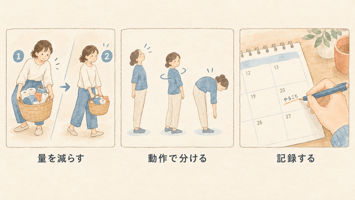 交通事故後の日常生活で意識したい3つの原則（量を減らす・動作で分ける・記録する）を示す図解