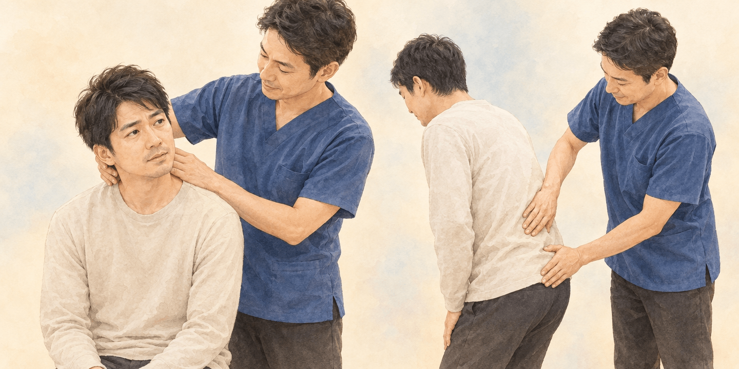 交通事故のあと通院先選びを相談する30代男性と、首と腰の状態を順に確認する柔道整復師