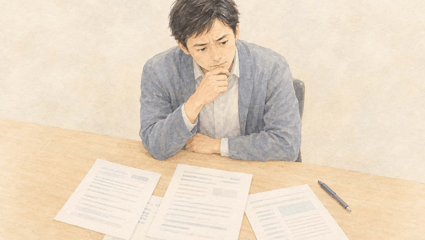 交通事故のあと、診断書の手続きに戸惑う30代男性が書類を前に考えている場面のイメージ