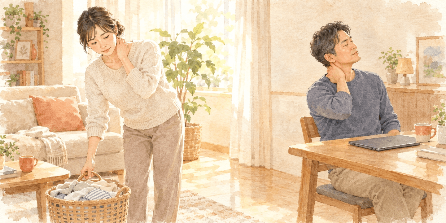 交通事故のあと、朝の台所で洗濯かごを持とうとして首元を押さえる30代女性と、机で首を回す40代男性の様子