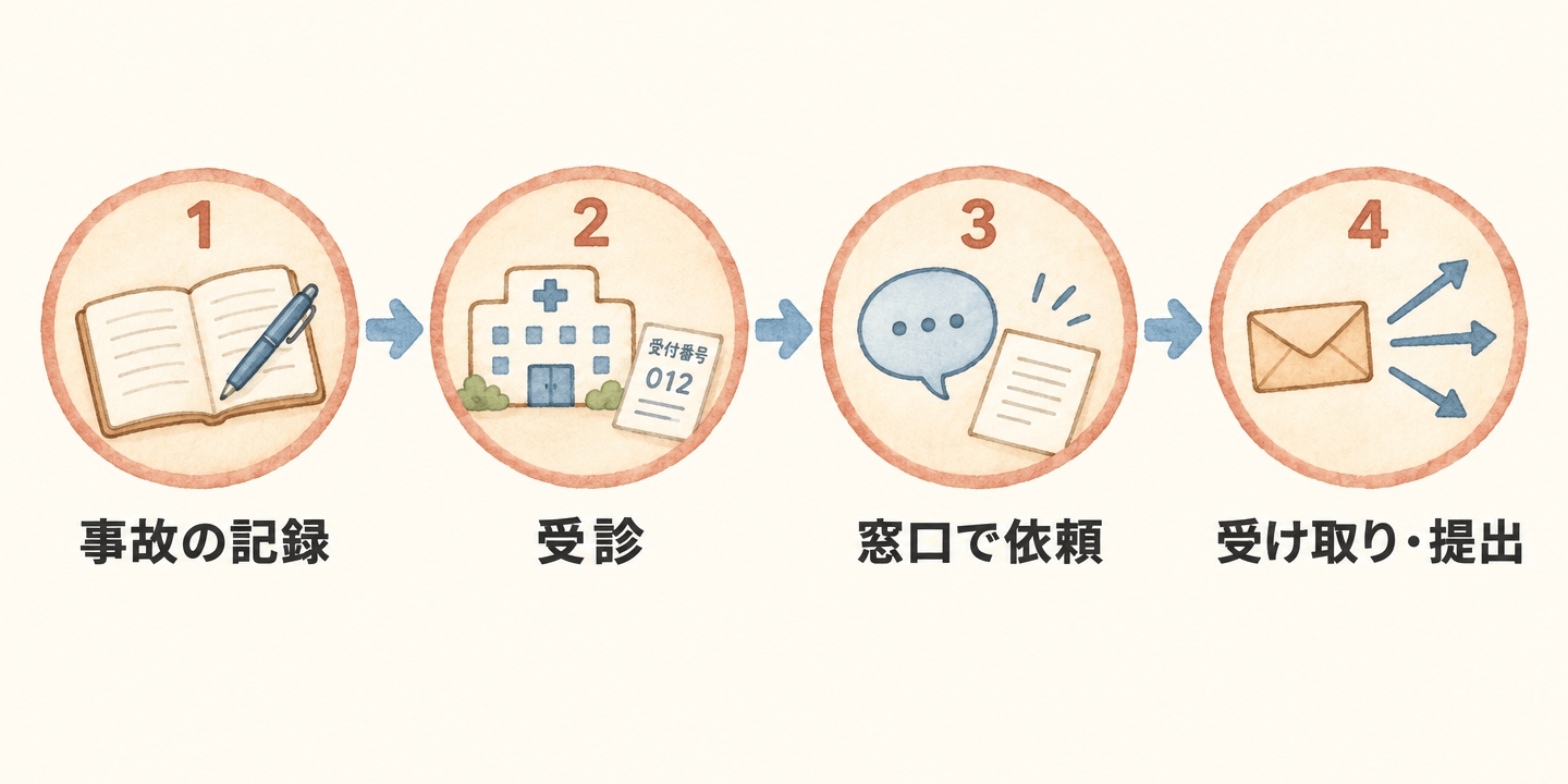 交通事故の診断書をもらうまでの流れを、事故の記録・受診・依頼・受け取りの4ステップで示した図解