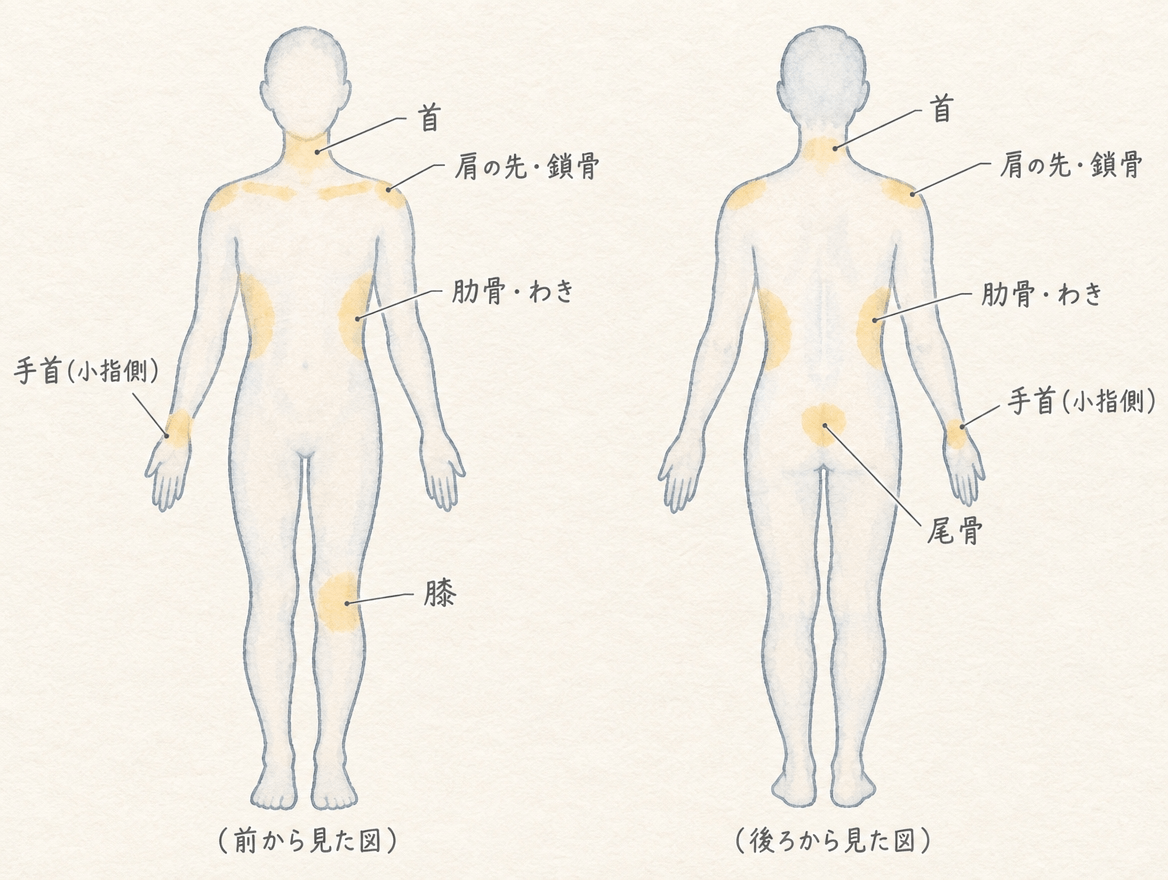 自転車事故で痛みが出やすい首・肩・鎖骨・手首・肋骨・尾骨・膝の部位を示した図解