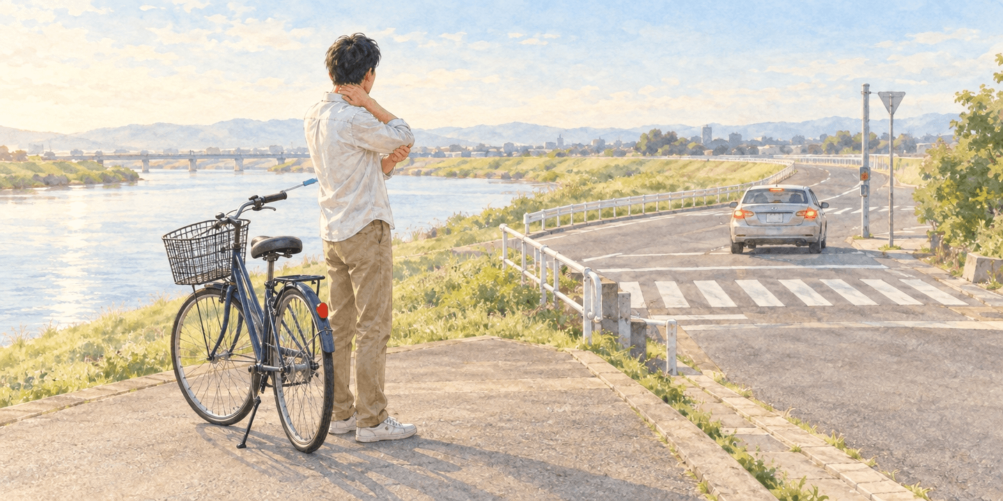 自転車通勤中の事故のあと、首と手首の痛みが気になる30代男性と足立区新田の川沿いの通勤路のイメージ