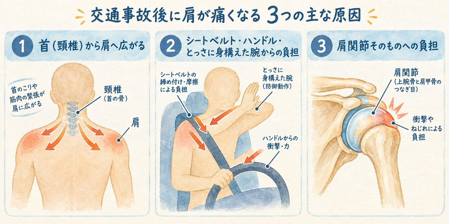 交通事故後に肩が痛くなる3つの成り立ちを示した図解