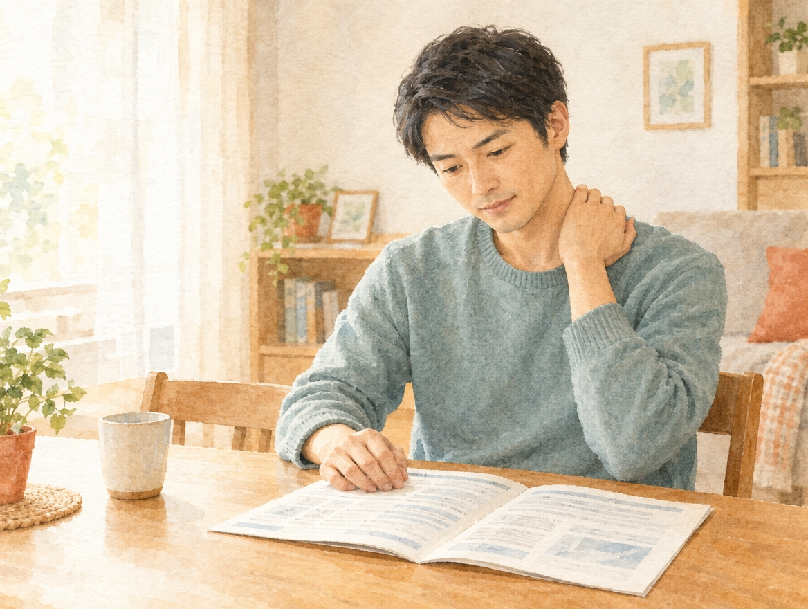 交通事故のあと首や肩の違和感が残り、人身傷害保険での通院を考えている30代男性