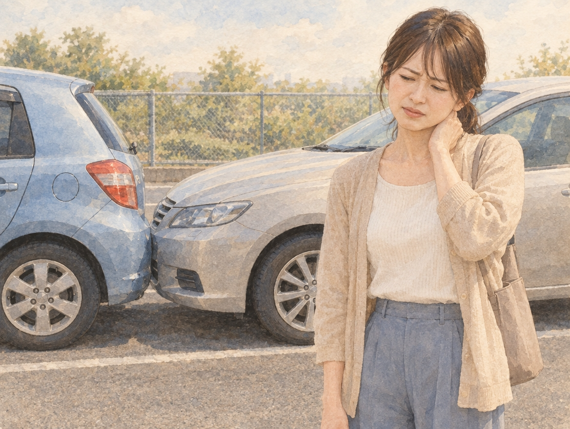 駐車場での低速の接触事故のあと、首元を手で押さえて表情をゆがめる30代女性のドライバー