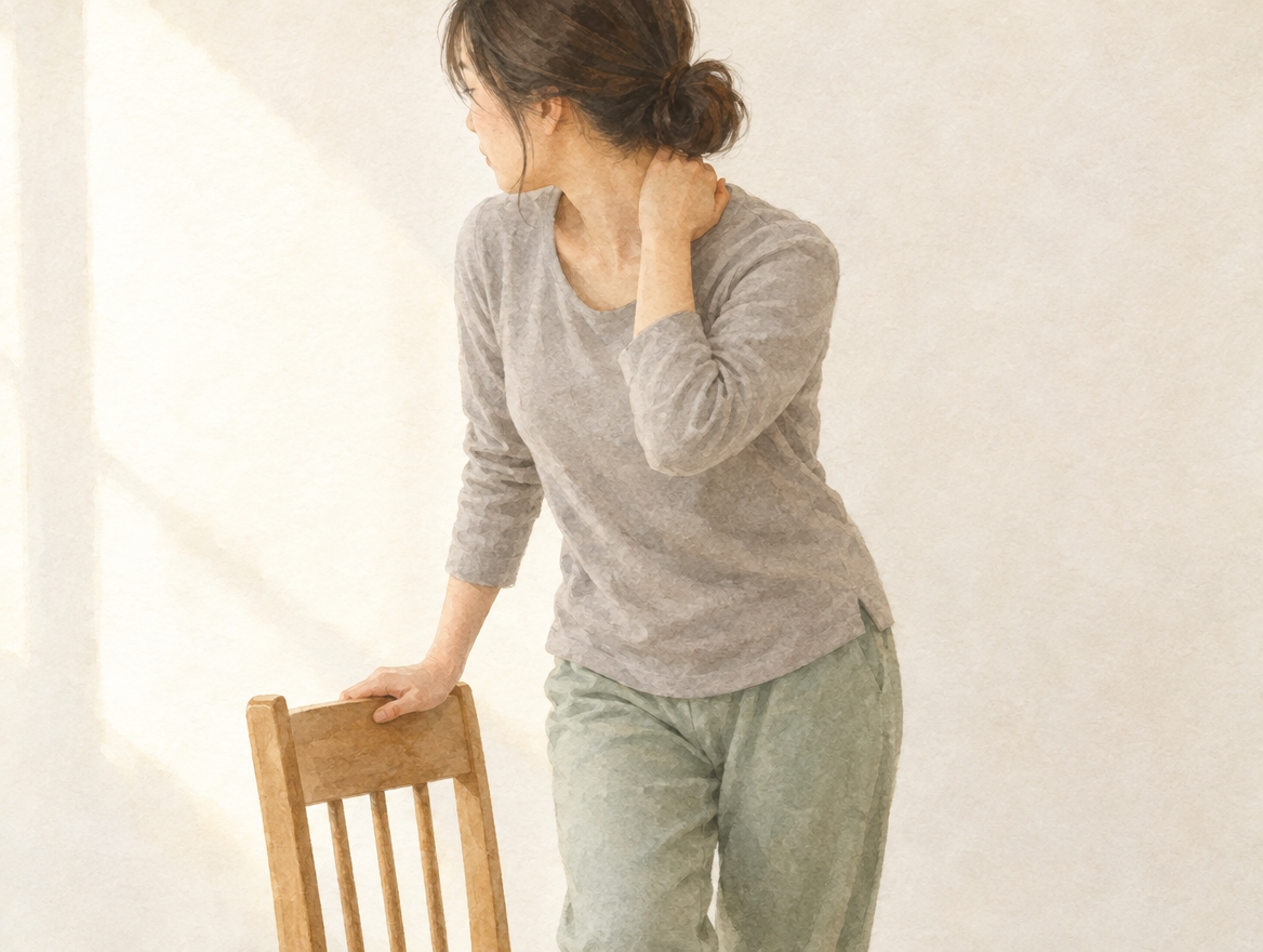交通事故の数日後に首や肩の重さに気づいた30代女性が、日常生活のなかで違和感を感じている様子
