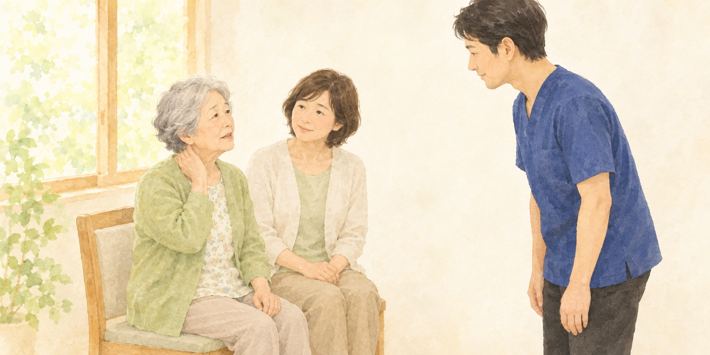 交通事故のあとの首や腰の痛みについて、ご高齢の方とご家族が足立区新田の整骨院で相談している様子