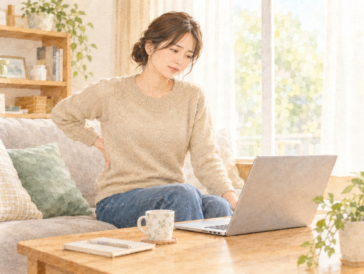 デスクワークの合間に腰の重さを感じている30代女性