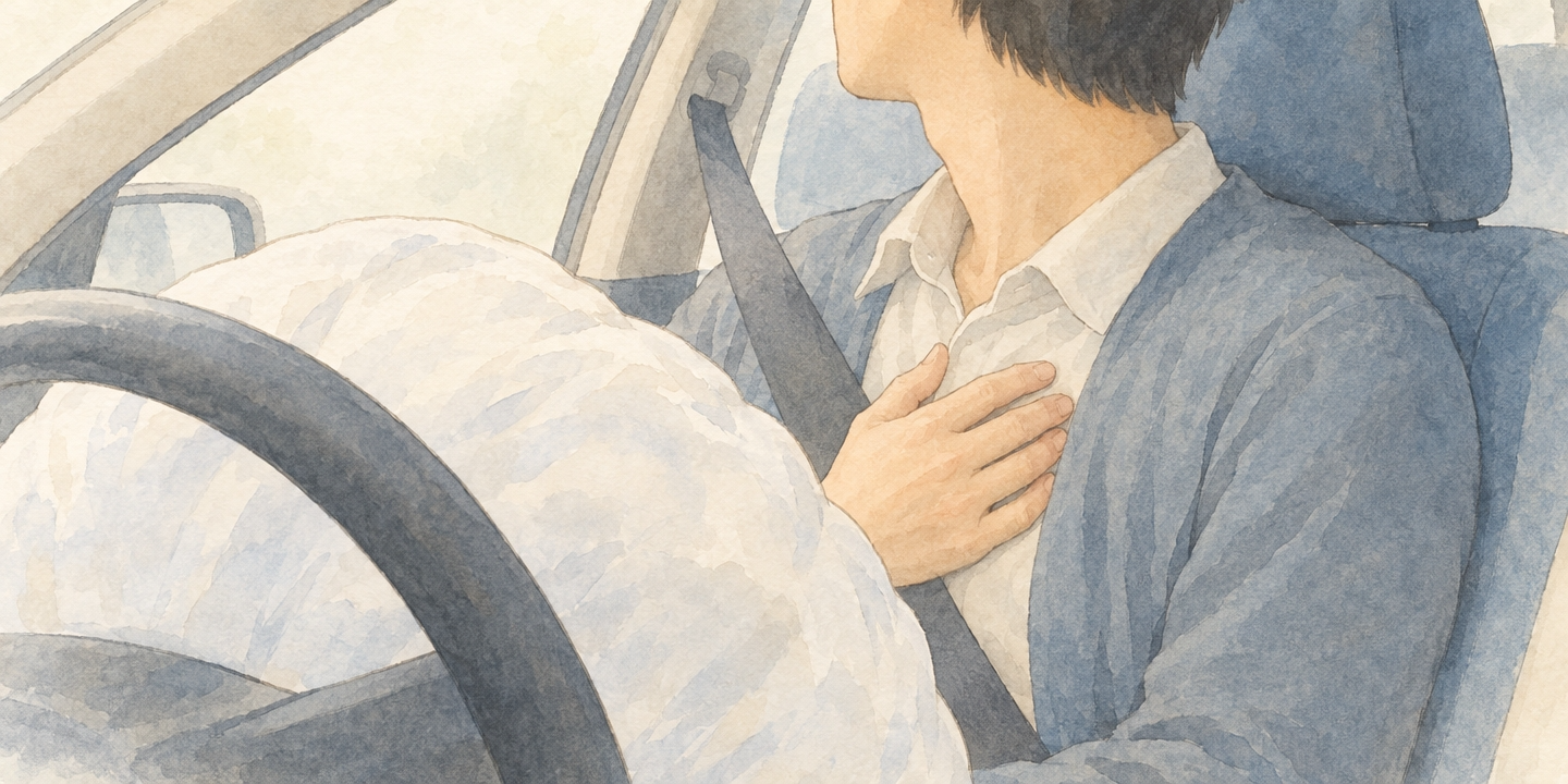 交通事故の直後、運転席でハンドルに打ちつけた胸のあたりを押さえている30代男性のイラスト