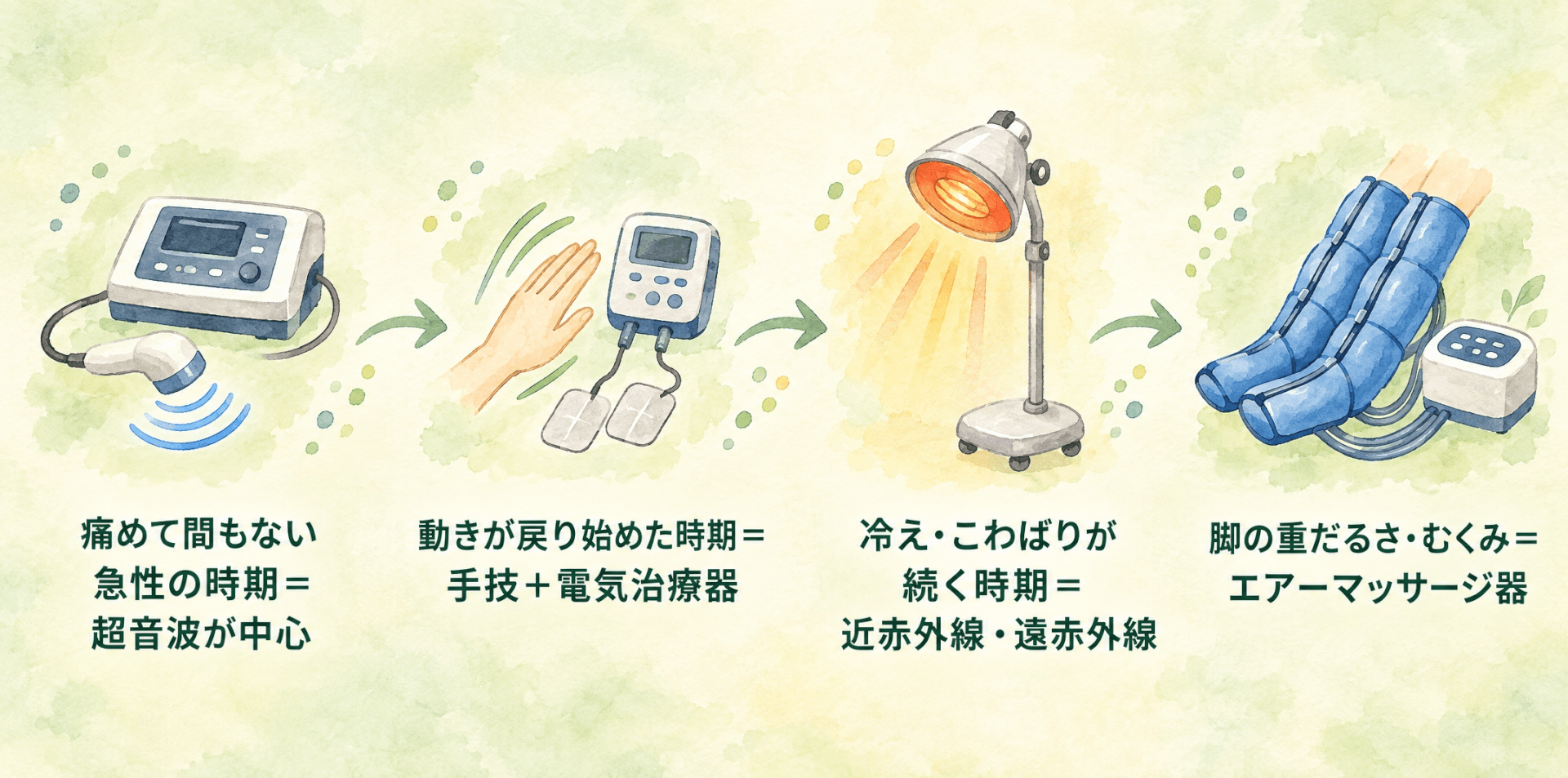 痛めた直後・回復期・こわばりが続く時期で整骨院の設備を使い分ける流れを示した図解