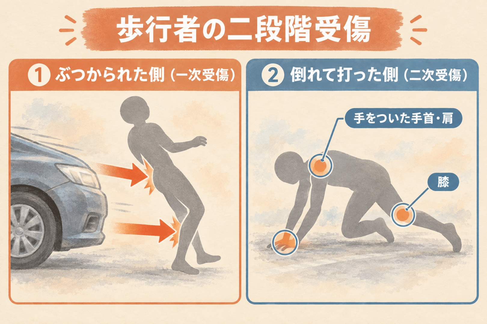 歩行者の交通事故で起こる二段階受傷(ぶつかられた側の一次受傷と倒れて手をついた側の二次受傷)を示した図解