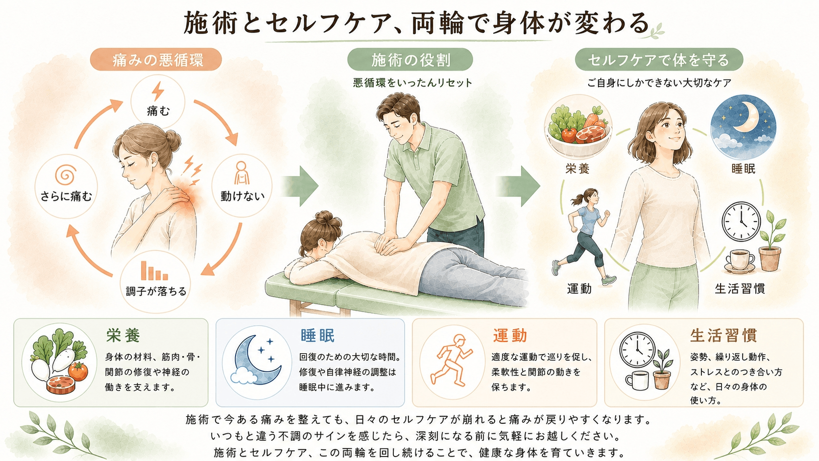 栄養・睡眠・運動・生活習慣の4つのセルフケアを示した図解