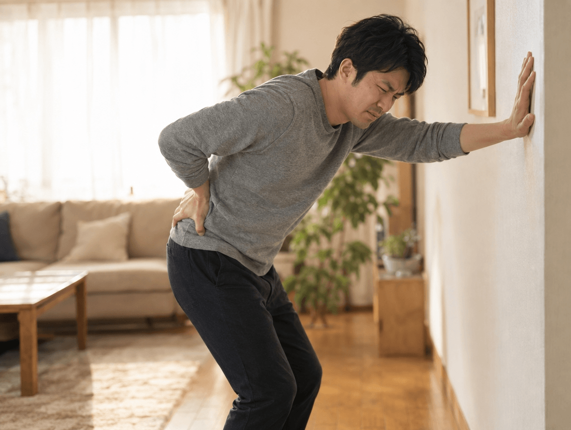足立区新田で急に腰を痛めて前かがみになれず、当日の相談先を考えている30代の男性