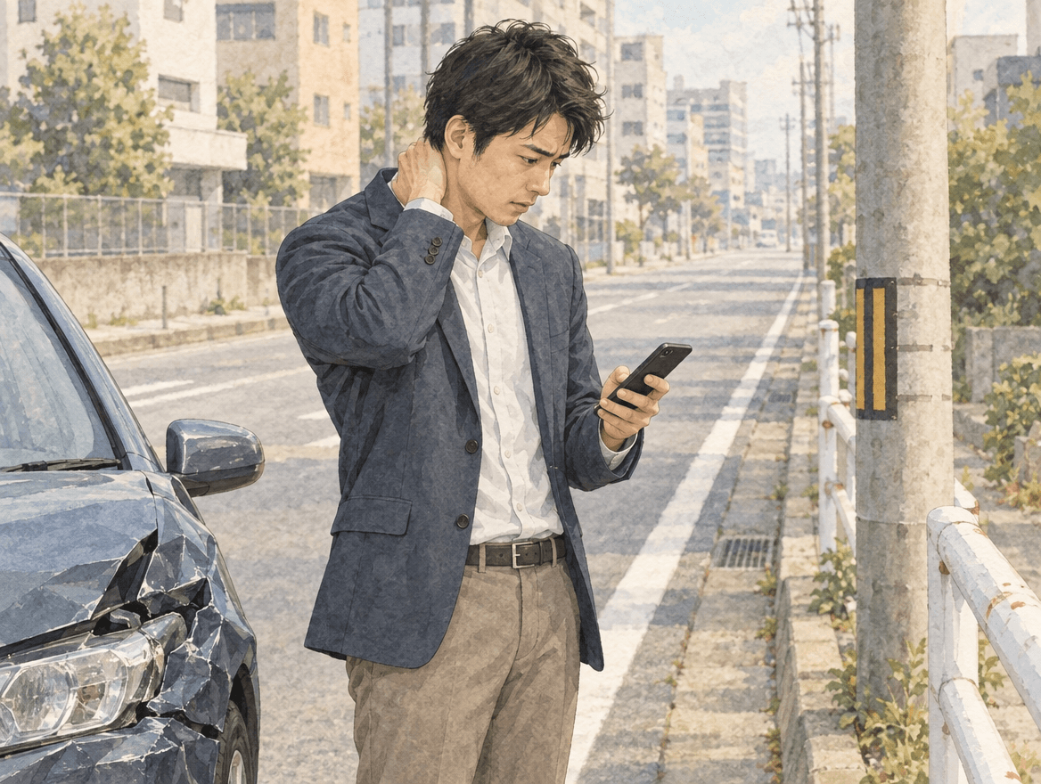 交通事故の直後、車の外で首の後ろの違和感を気にしながらスマートフォンで連絡先を確認する30代男性