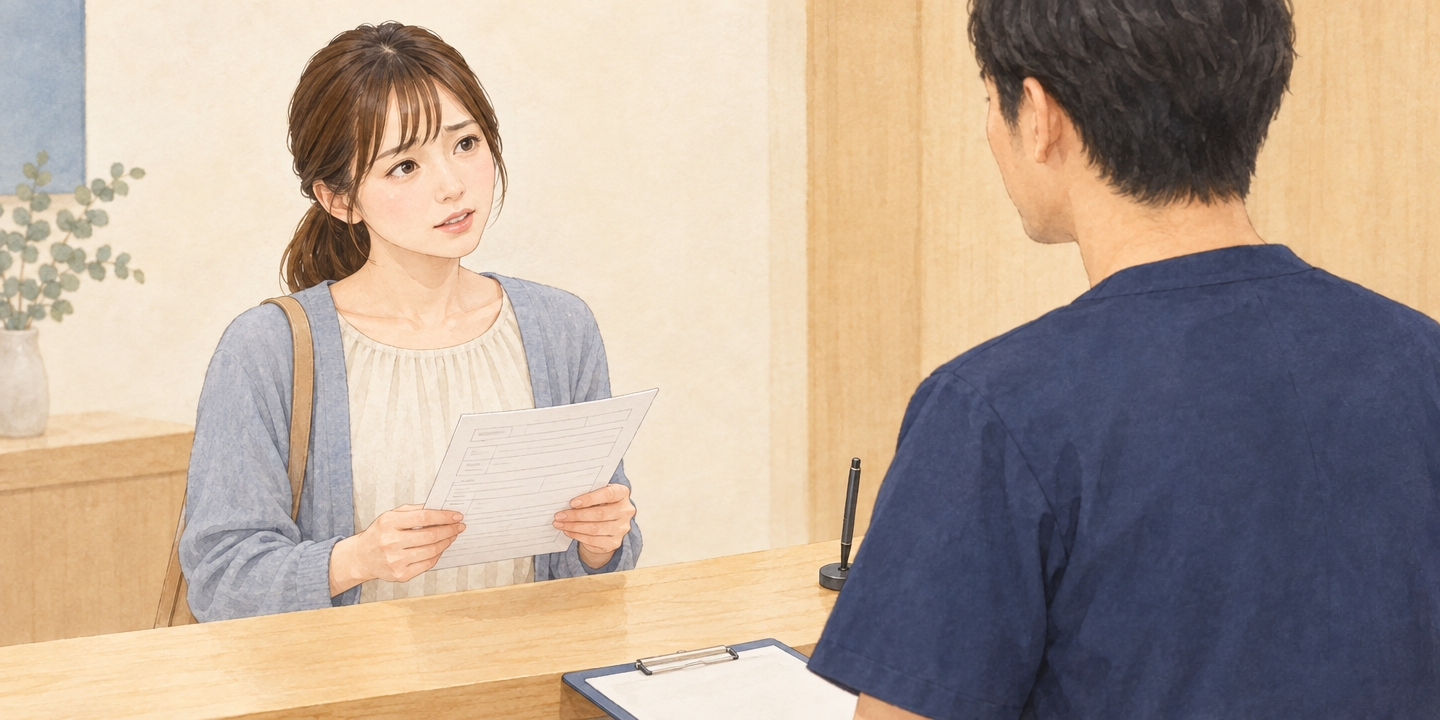 足立区新田の整骨院の受付で、はじめての来院について質問している30代女性のイラスト
