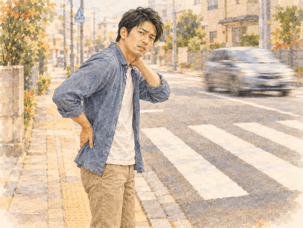 横断歩道で車にぶつかられ、首や腰の痛みを抱えた30代男性が歩行者の交通事故後の通院を考えている様子
