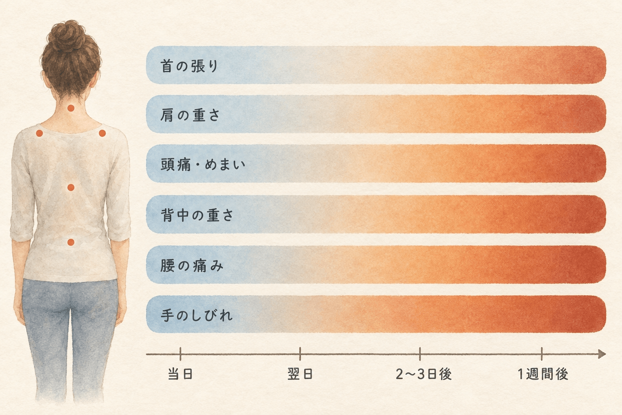 交通事故のあと首や肩、腰の痛みや頭痛が翌日以降に強くなっていく時間経過を示した図解