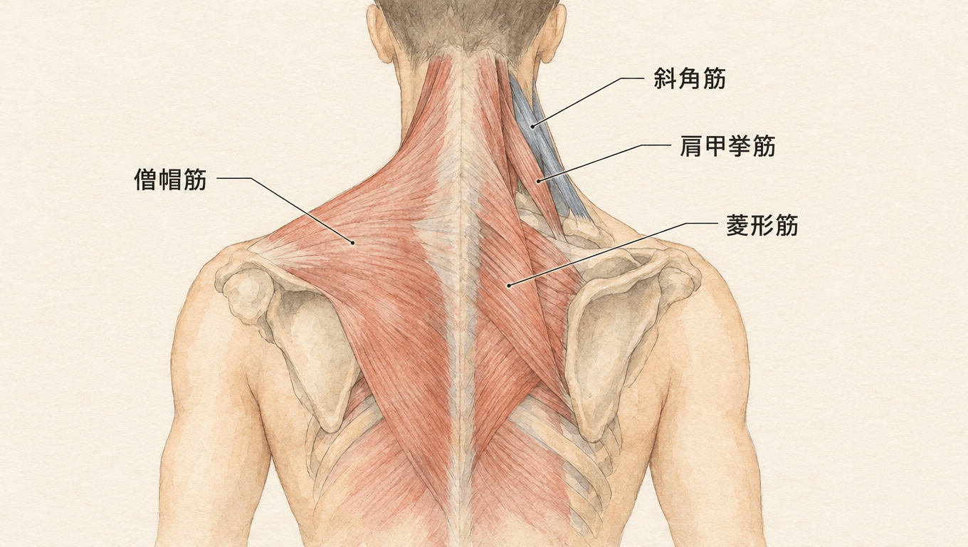 肩こりに関わる僧帽筋・肩甲挙筋・菱形筋・斜角筋の位置を示した解剖図