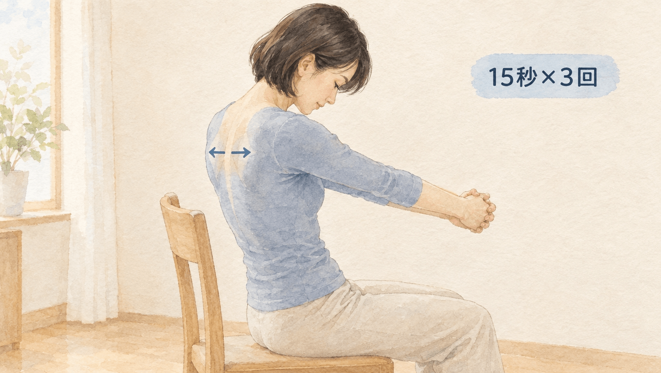 背中丸めて肩甲骨を左右に広げるストレッチの手順を示した図解(30代女性)