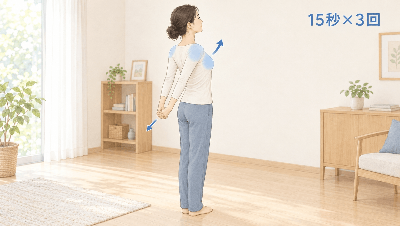 後ろで手を組んで肩の前側を開くストレッチの手順を示した図解(30代女性)
