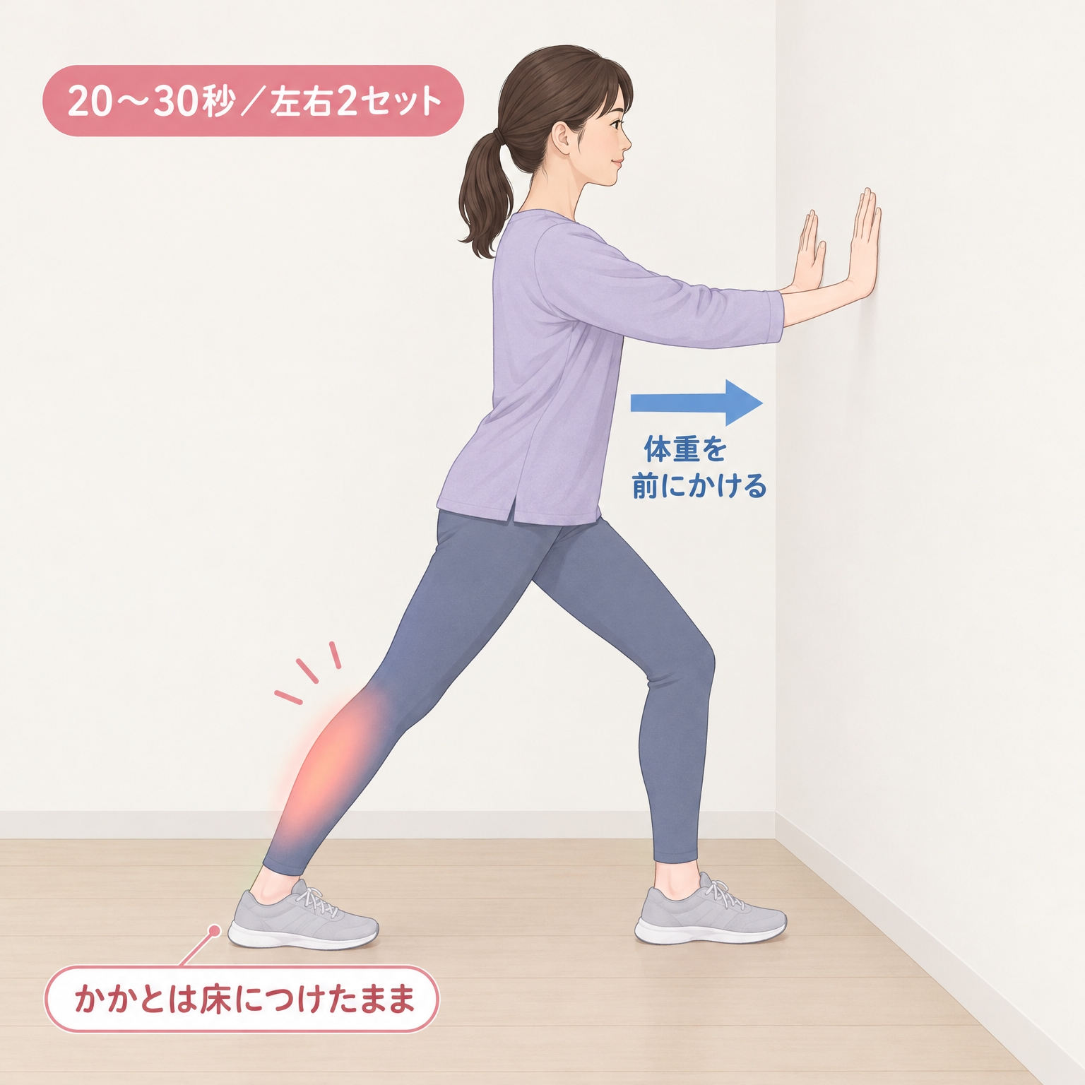 壁に手をついた30代女性が後ろ脚のかかとを床につけてふくらはぎを伸ばすストレッチの手順がわかる説明図